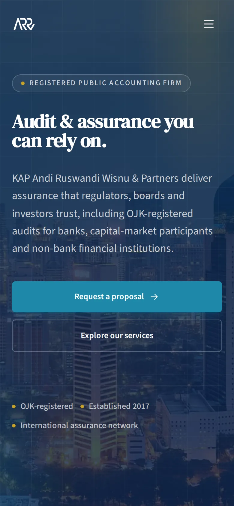The KAP Andi Ruswandi Wisnu & Rekan redesign concept at a 390px phone width.