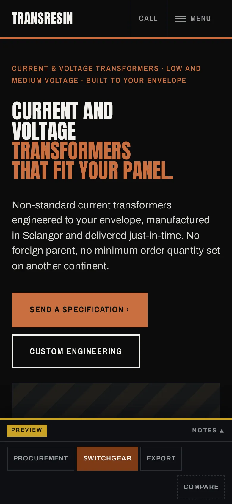 The Transresin Sdn. Bhd. redesign concept at a 390px phone width.